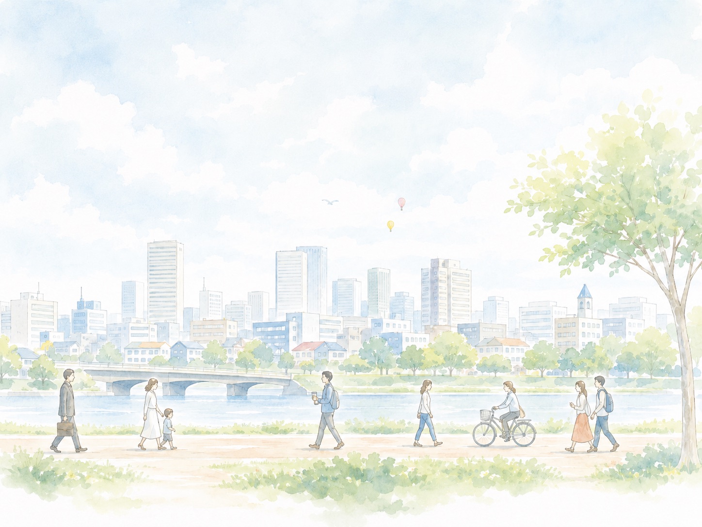 やわらかな水彩で描いた川辺の風景のイメージイラスト